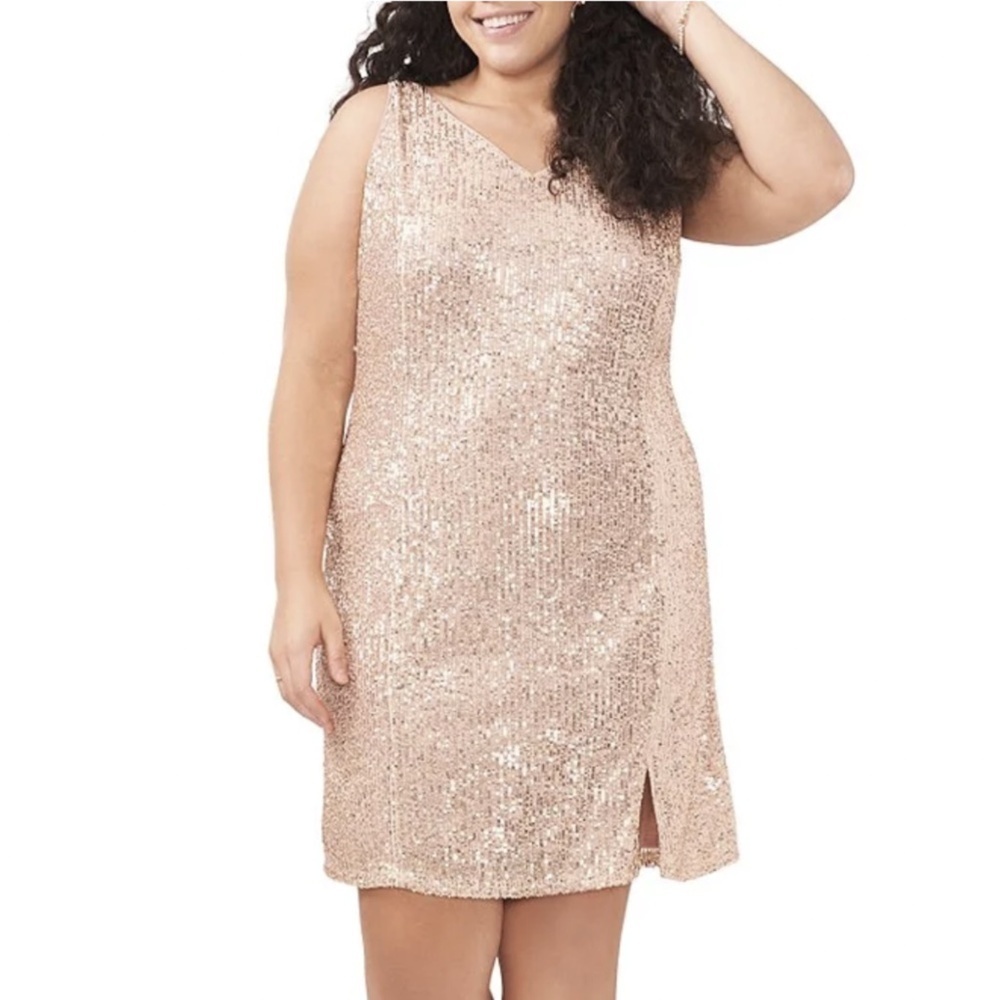 NWT 1. STATE Sleeveless V Neck Sequin Mini Front Slit Shift Dress in Rose Gold
